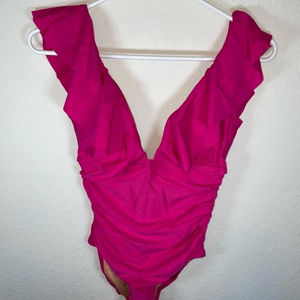 J.Crew Ruched Ruffle women’s one piece swimsuit. Fuchsia size 4.